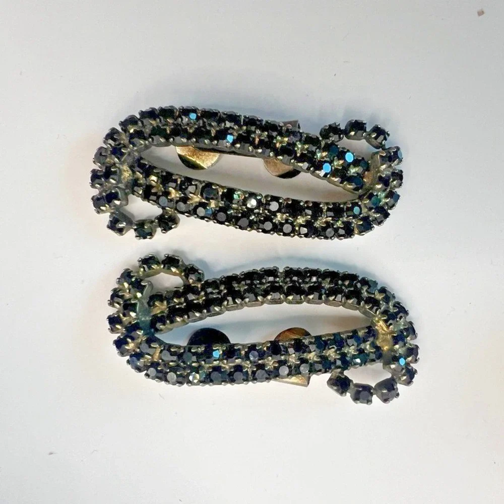 Vintage MUSI Black Rhinestone Shoe Clips‎ 1950s Mid Century Glam Accessory MCM